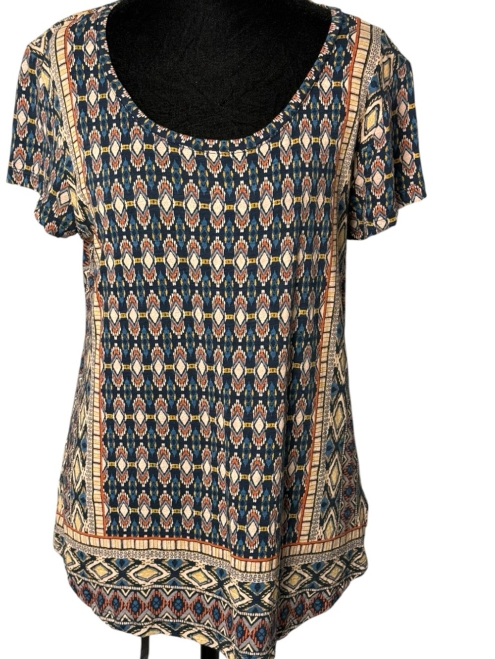 LUCKY BRAND Med Boho Tribal Lightweight Panel Print Short Sleeve Top - Picture 2 of 10